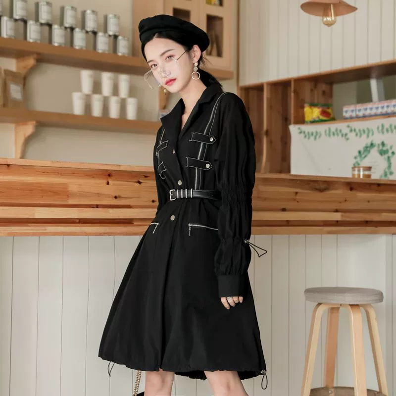 Áo gió màu đen nữ có thiết kế dài mùa thu gió thiết kế áo khoác nữ - Trench Coat