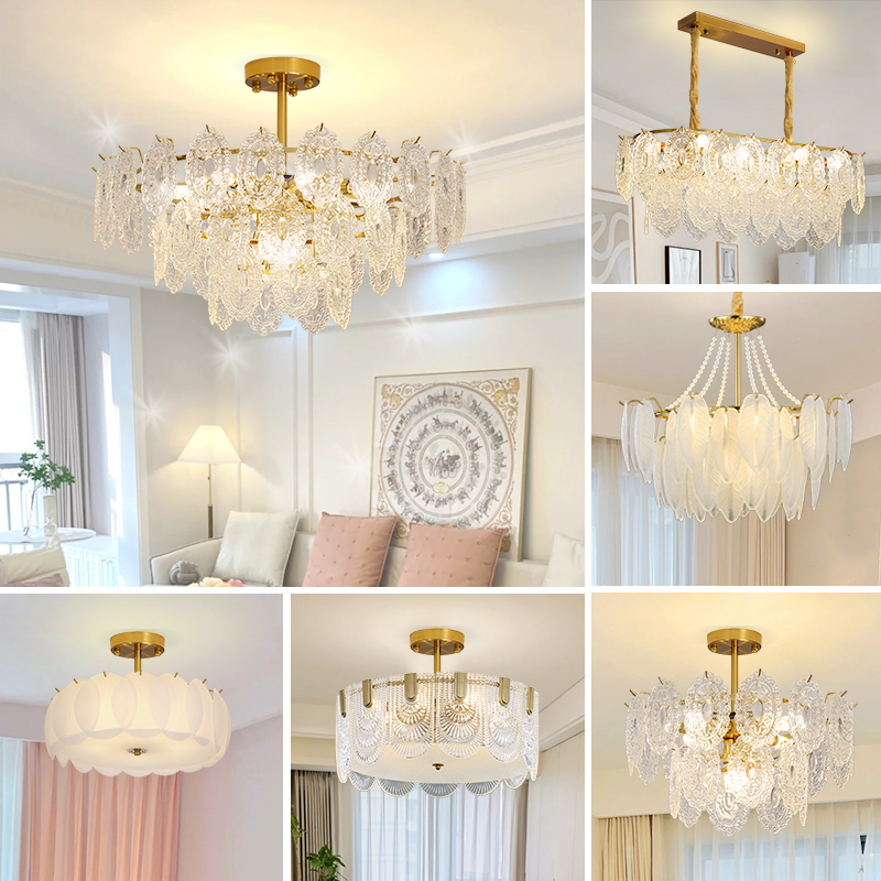 French-Style Living Room Chandelier, Light Luxury, Modern and Simple Bedroom Main Light, Cream-Colored Crystal Lamp, Whole House Lighting Package Set