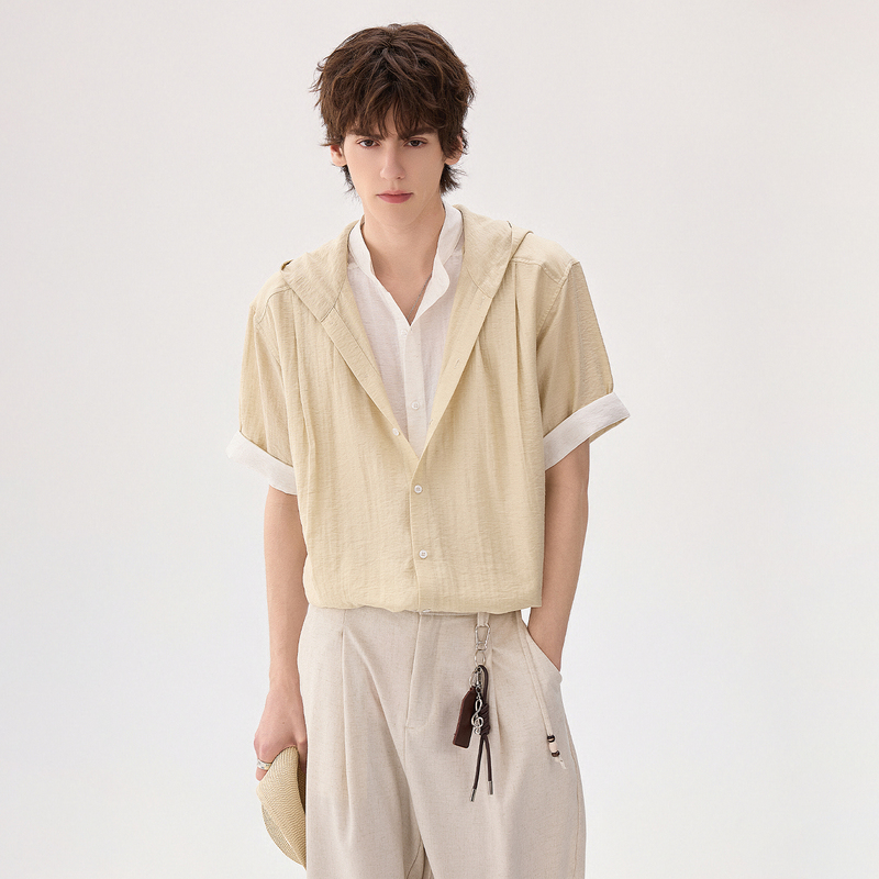 Chicerro Sicilian Men's High-End Old Money Style Linen Blend Faux Two-Piece Hoodie Shirt for Men