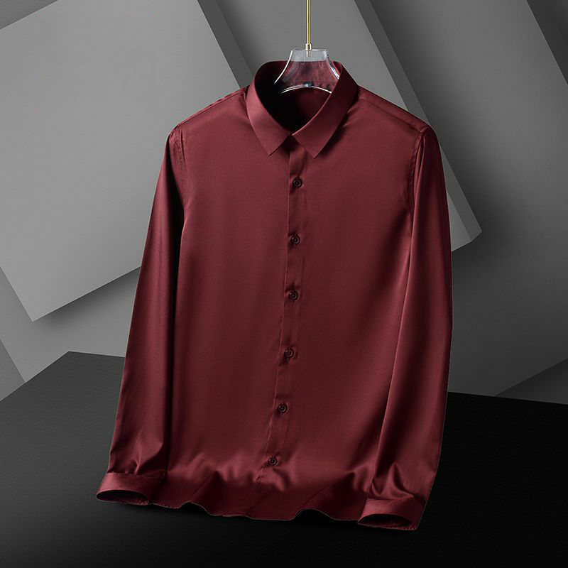 Gong Silk Micro-Stretch Non-Iron Shirt Men's Fashion Business Formal Long Sleeve Red Slim Fit Anti-Wrinkle Ice Silk Casual Shirt
