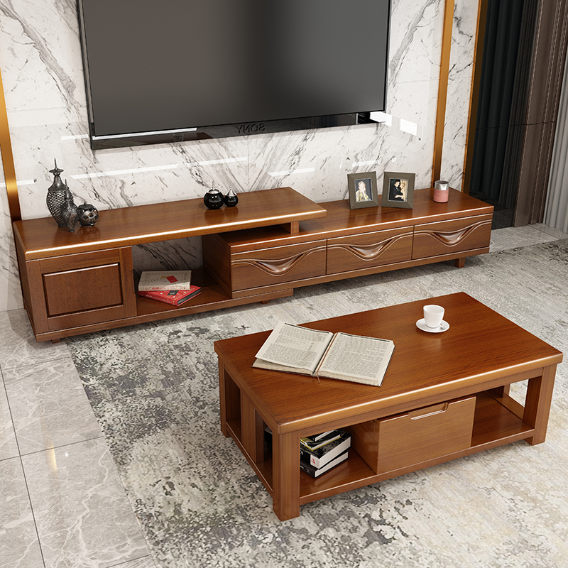 Chinese solid wood TV cabinet tea table combination high-end minimalist economy type home TV cabinet telescopic living room furniture