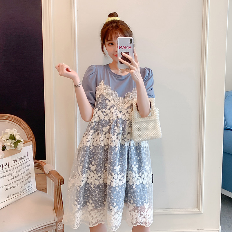 Pregnant women summer season fake two-piece lace large size loose top sweet mid-length version of the new Korean version of the dress