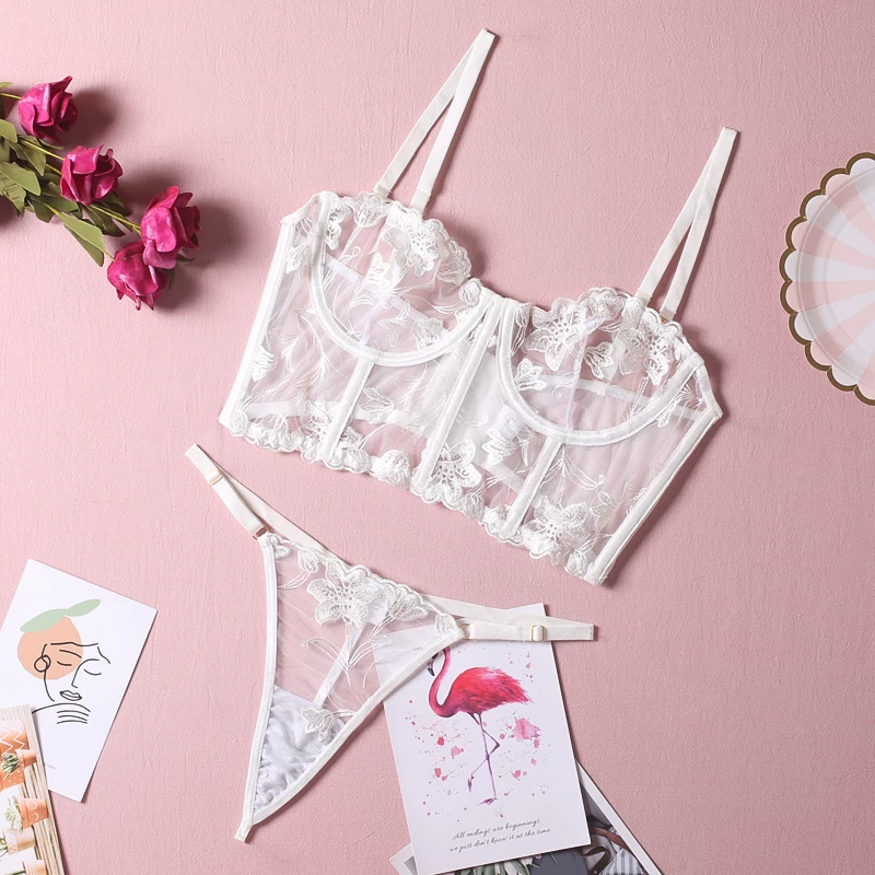 Белое дизайнерское белье, брюки, sexy комплект, европейский стиль, с вышивкой, тренд сезона