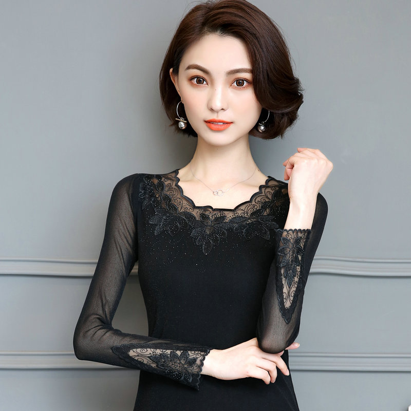 Spring Women's Clothing 2026 New Low-Neck Mesh Blouse Lace Base Shirt Thin Black Shiny Silk Inner Wear Long-Sleeve Top