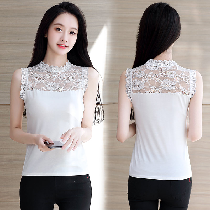 White Modal Camisole for Women, Spring New Style, Half-High Collar, Slim Fit, Short Lace Sleeveless Base Shirt