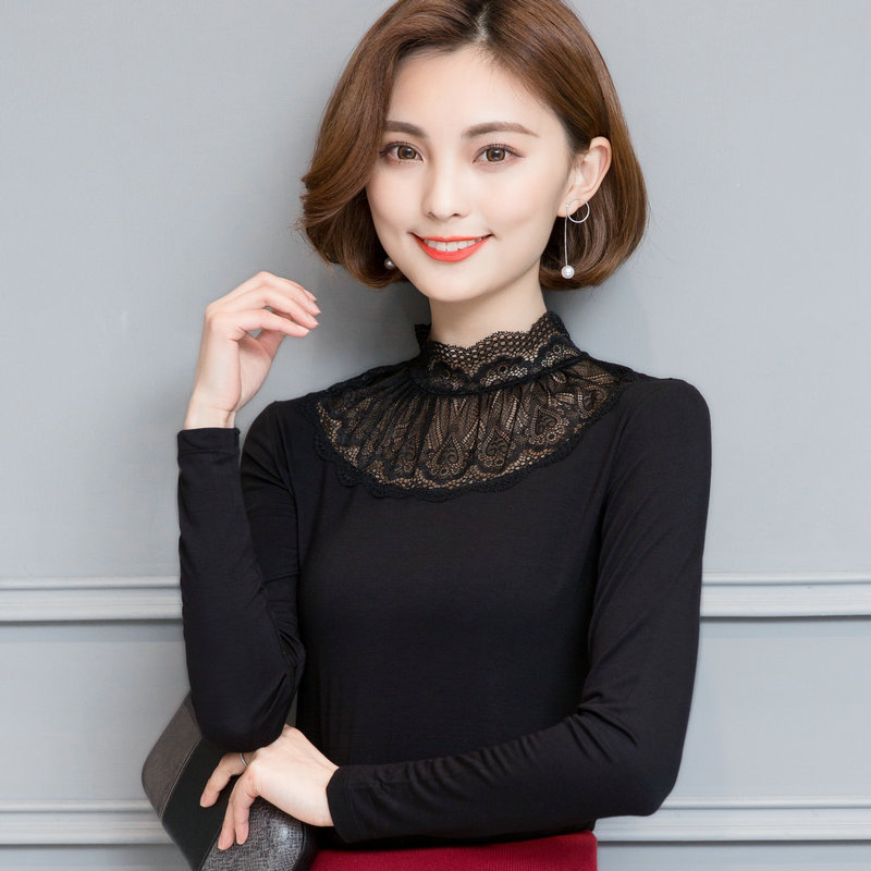 Versatile Autumn Top for Women, Slim Fit, Stand Collar, Modal Long-Sleeve Half-High Collar Base Shirt, Spring and Autumn Black Lace Blouse