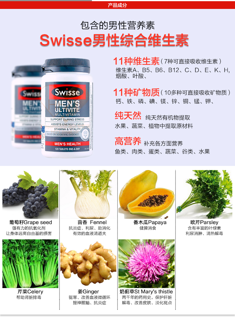 澳洲进口 Swisse 男士复合维生素片 120粒 减压提高抵抗力 图5