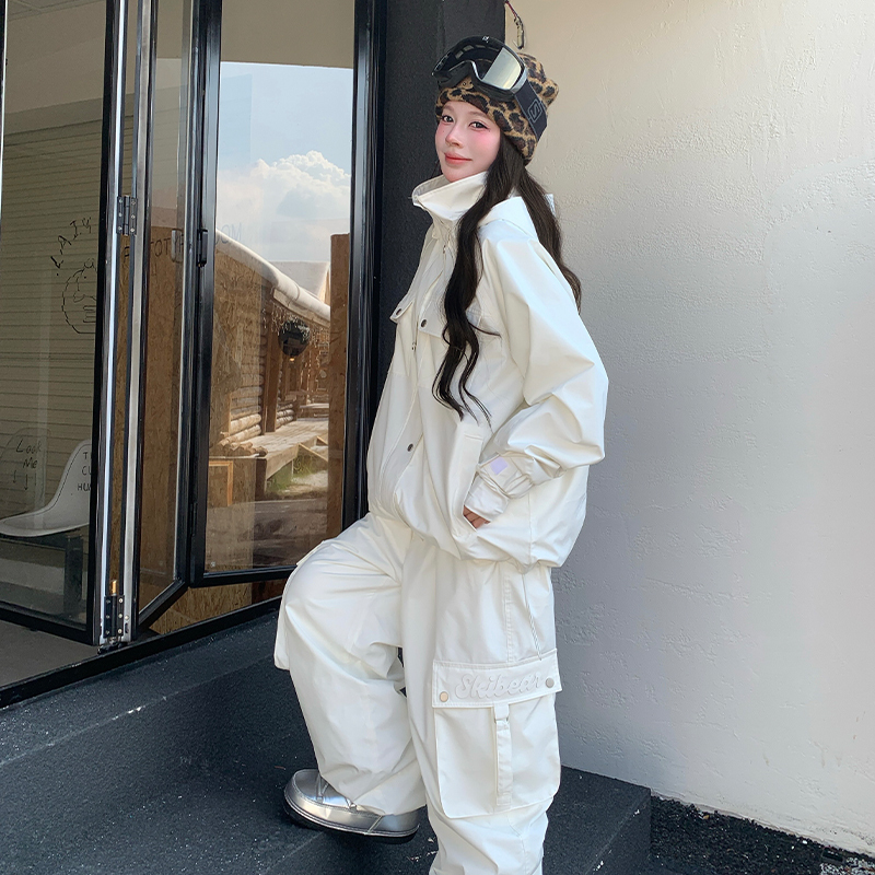 Skibear Original 25 New Models of Snowboard and Ski Suit Set 3L Waterproof Fleece-Lined Warm Pure White Outdoor