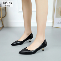 Zhuo Shini 2021 New pointed single shoes womens shallow mouth middle heel work shoes cat and Joker soft leather womens shoes