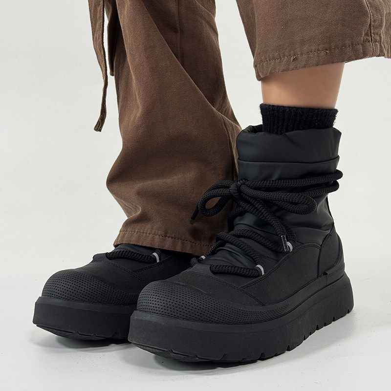 Men's Winter Snow Boots with Plush Lining, Thickened for Warmth, High-Top Cotton Shoes, Non-Slip, Wear-Resistant, Thick-Soled, Height-Increasing Black Martin Boots