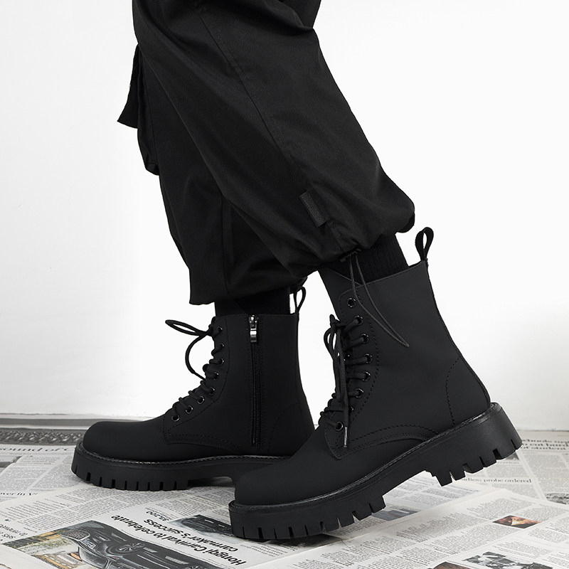 Martin Boots for Men, Winter British Style Black High-Top Leather Shoes, Men's Thick-Soled Height-Increasing American Motorcycle Work Short Boots