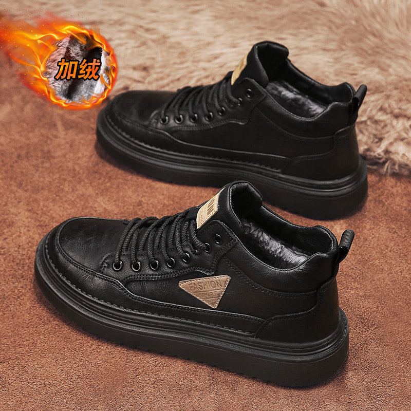 High-Top Men's Shoes, Summer 2025 New Style, Fleece-Lined, Thickened, Warm Cotton Shoes, Men's Sports Casual Non-Slip Martin Leather Boots
