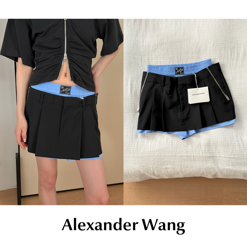 Cettce in Stock Alexander Wang Alexander Wang Brand Patchwork Fake Two-Piece Zipper Pleated Shorts Cettce in Stock Alexander Wang Alexander Wang Brand Patchwork Fake Two-Piece Zipper Pleated Shorts