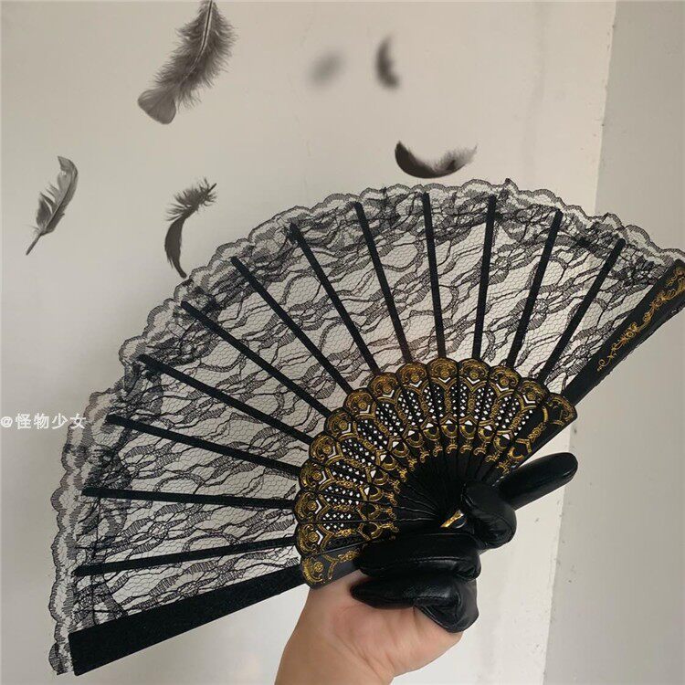 Monster Teenage Girl Ins Retro Dark Black Ensemble Abstinence's Hollowed-out Lace Fan Photo Prop Gothic
