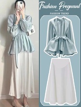 Pregnant woman half-body dress Spring Summer mid-summer Long style A-word skirt with light cooked wind Advanced sensation Two sets of pregnant women suit