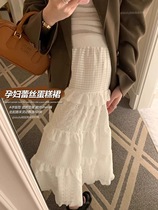 Maternity skirt spring and autumn high-waisted fashionable white A-line skirt crocheted long cake skirt slimming belly-supporting skirt