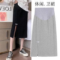 Maternity skirt spring and autumn high-waisted casual cotton sweatshirt fashionable front slit A-line skirt mid-length one-step skirt