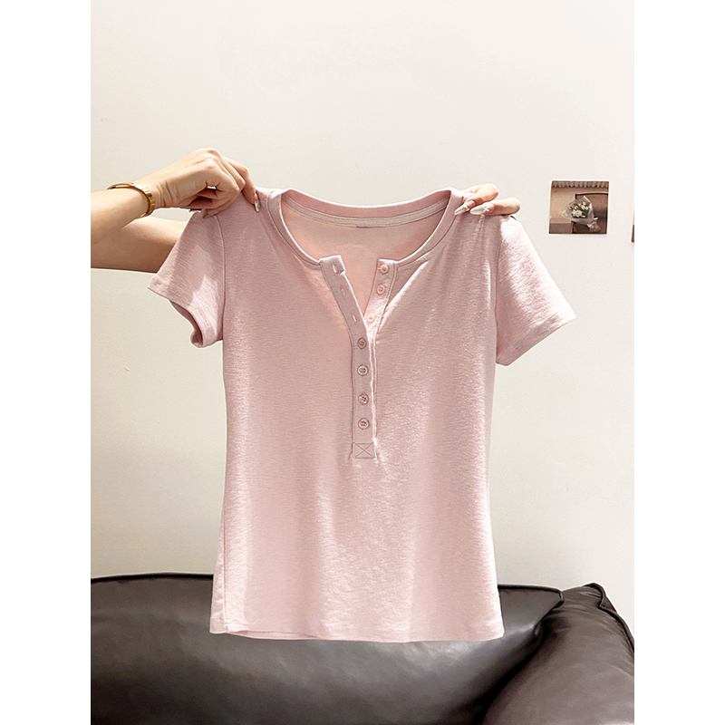 American Retro Henry Collar Button-Up T-Shirt for Women, New Summer Slim-Fit, Slimming, Hot Girl Style, Versatile Short-Sleeve Top