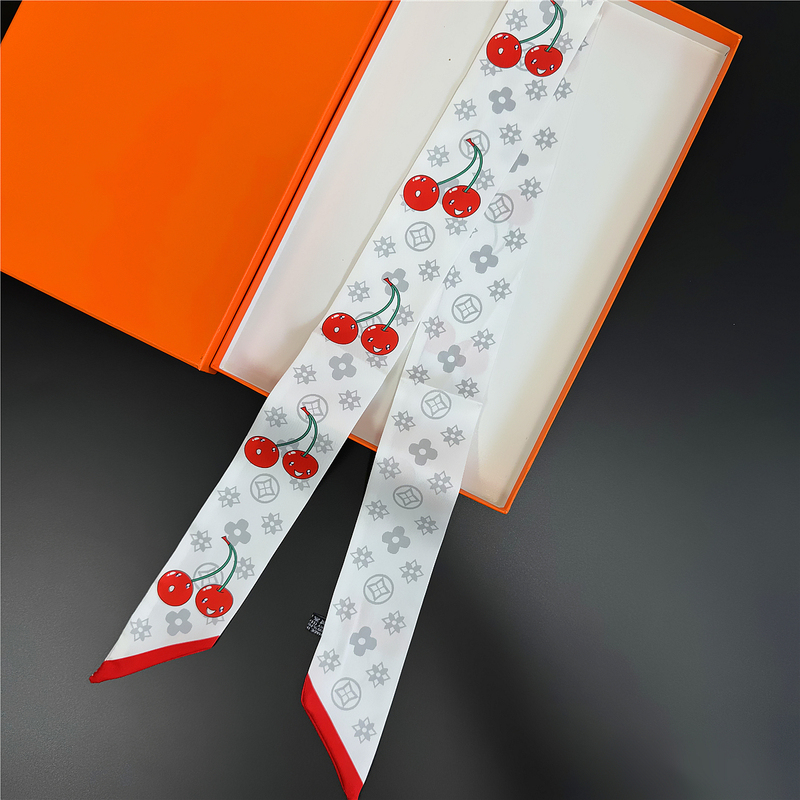 Red Cherry White Background Small Scarf for Tying on Bag Handles, Silk Scarf for Braiding Hair, Ribbon, High-End Accessory Belt 120cm