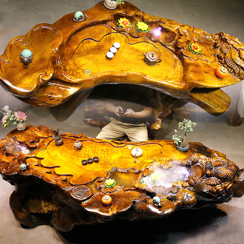 Tree Root Engraving Wood Tea Table Pan Sea Solid Wood Tea Table Retro Wood Golden Silk Nanwood Root Carved Tea Table Gold Zhangholistic