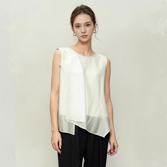 妖精的商场同款法式设计感雪纺衫女2025年夏季荷叶边醋酸无袖小衫