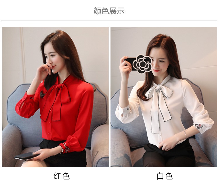 Áo nhung nữ tay dài ấm áp 2018 thu đông mới áo voan nữ dày áo nơ đỏ nữ mẫu áo sơ mi lụa nữ đẹp