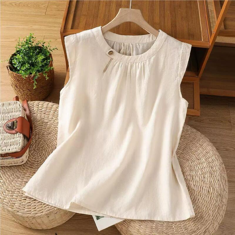 Japanese-Style Cotton and Linen Sleeveless Top for Women, Vintage Artistic Flutter-Sleeve Shirt, Loose-Fitting Slimming Linen Pullover Tank Top