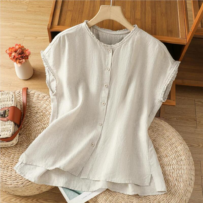 Artistic Lace Collar Cotton and Linen Sleeveless Shirt for Women, Summer Solid Color Simple Thin Casual Retro Linen Vest Top