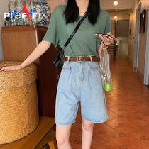 Hong Kong flavor loose straight tube high waist wide leg Hyuna same denim shorts Women summer 2021 new outside wear five points in pants tide