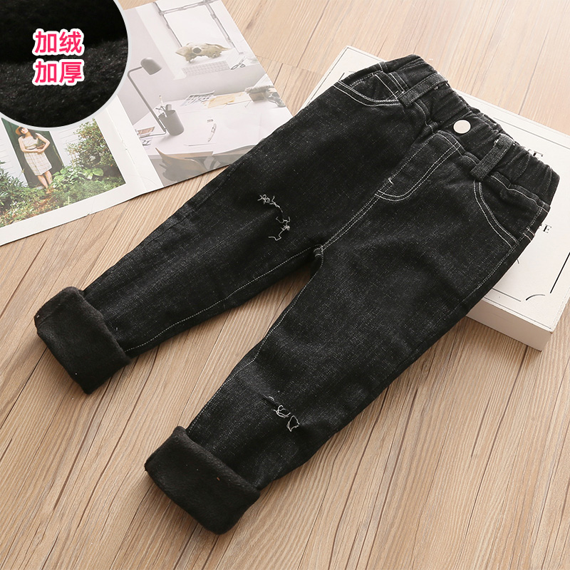 Baby ripped jeans 2022 winter new girls children's clothing children's plus velvet thickened pencil pants kz-c809