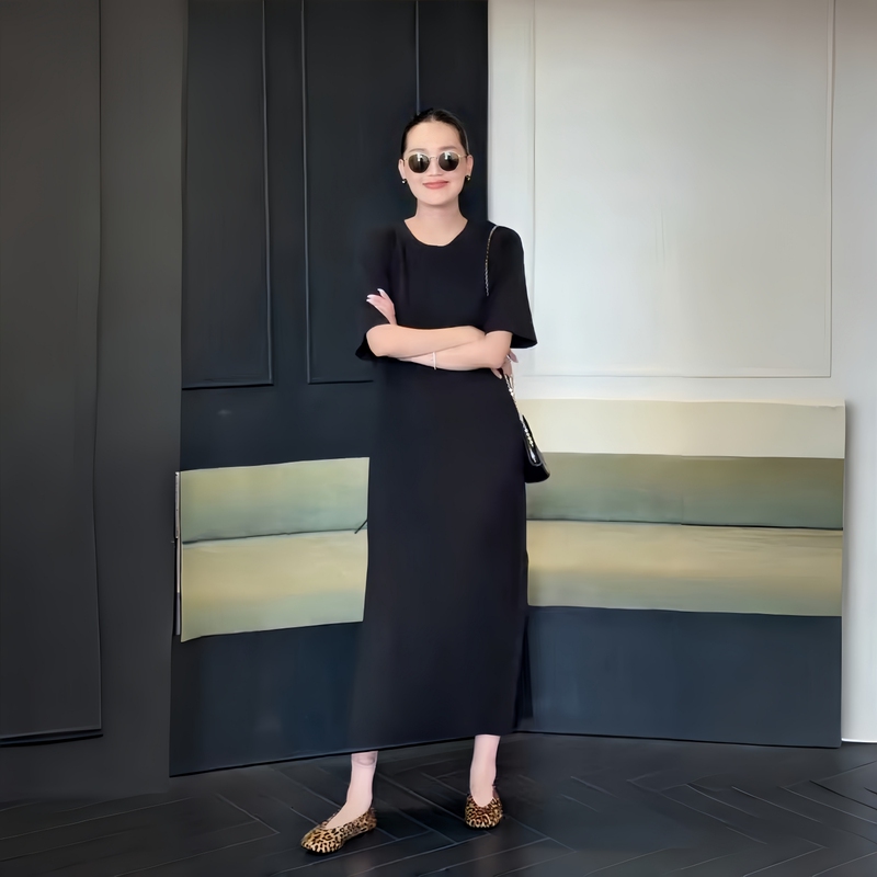 Plus Size Women's Summer New Style Fat Girl Backless Slimming and Flesh-Covering Elegant Slit Black Long Dress Plus Size Women's Summer New Style Fat Girl Backless Slimming and Flesh-Covering Elegant Slit Black Long Dress