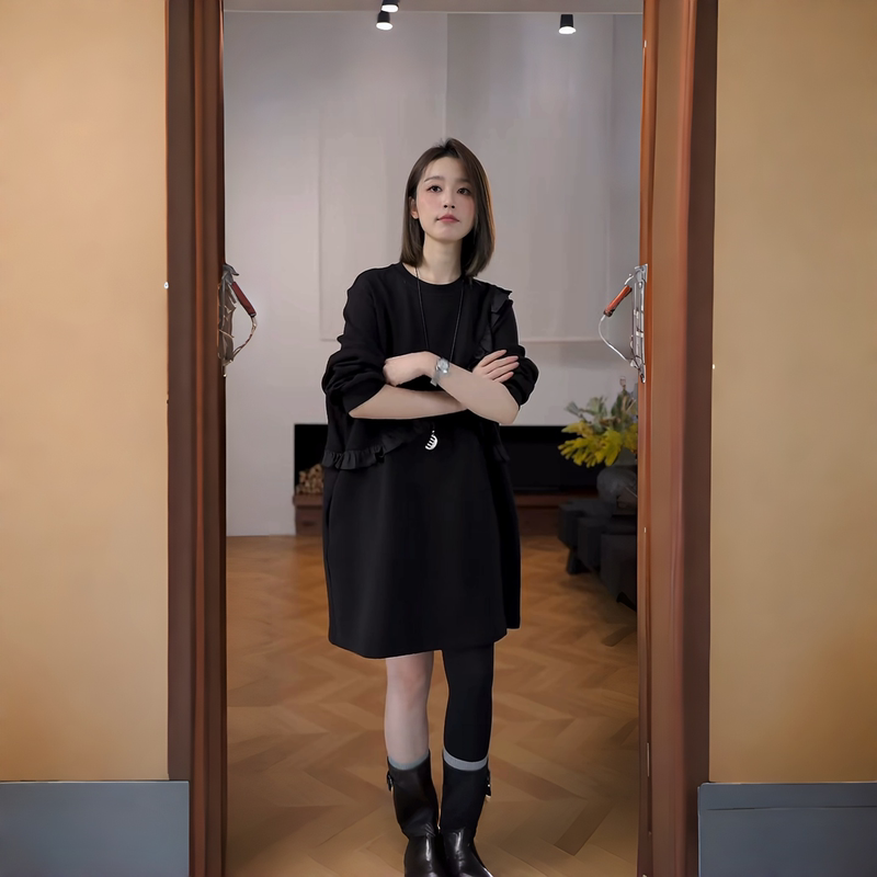 Plus-Size Women's Clothing, Autumn 2026 New Style, Loose Fit, Slimming, Suitable for Chubby Women, Covers the Body, Three-Dimensional Ruffle Dress, Elegant and Versatile