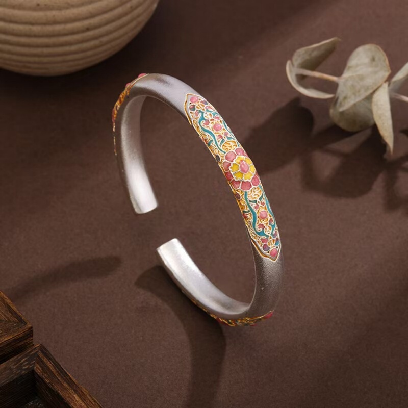 Sterling Silver Bracelet for Women with Enamel and Gold-Painted Begonia Flowers, Open-Style Bracelet in New Chinese Style, a Birthday Gift for Girlfriend
