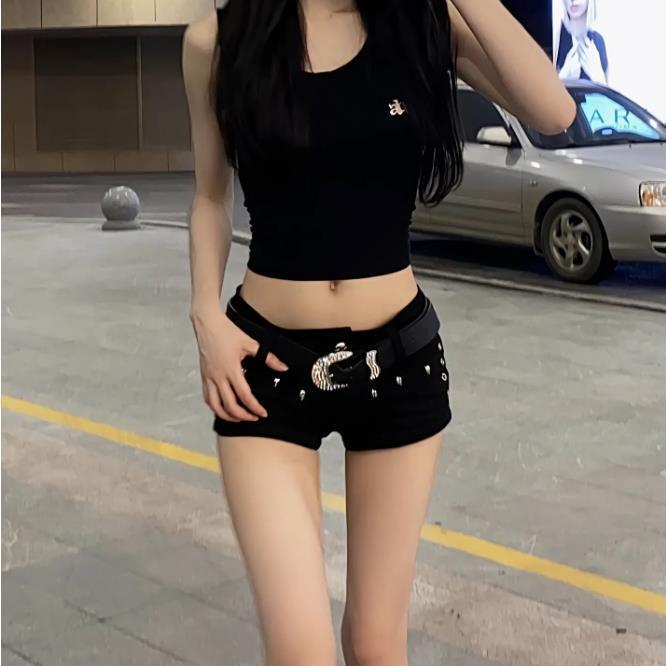 Trendy Influencer Style Y2K Retro Nightclub Sexy Low-Rise Bodycon Studded Denim Micro Shorts