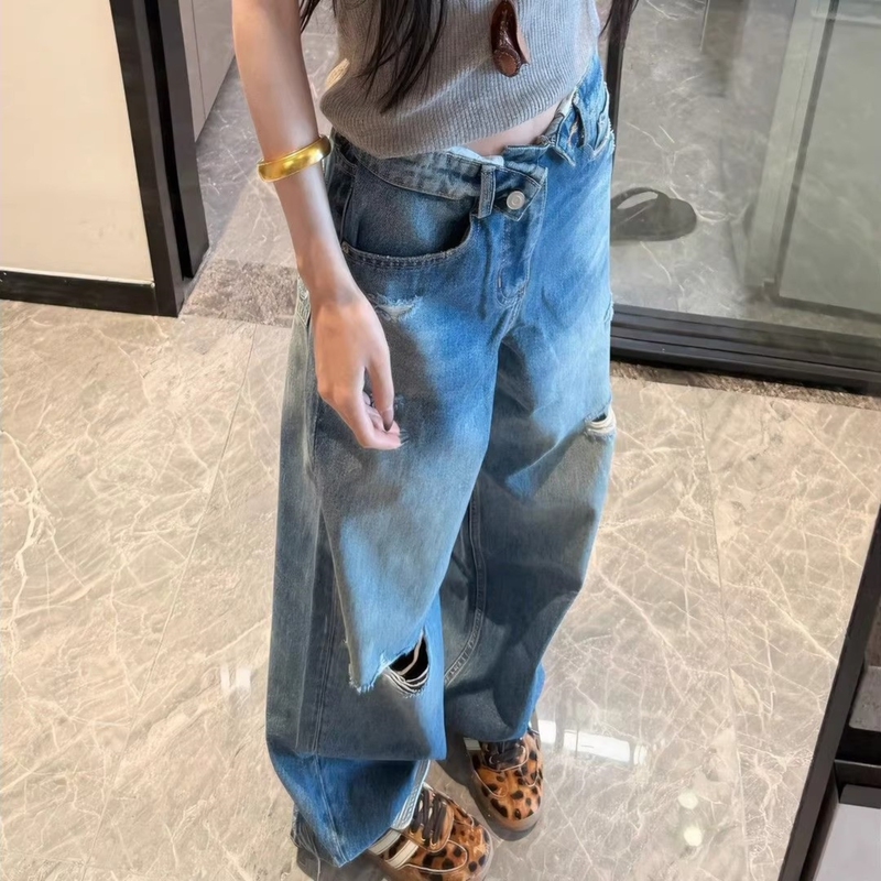 American Retro Design Straight-Leg Ripped Jeans 2026 Spring/Summer Unisex Loose Washed Wide-Leg Floor-Length Pants