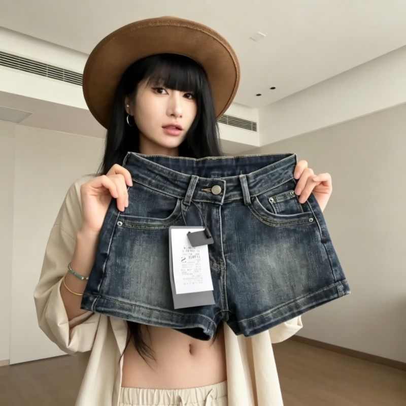 American-Style High-End Straight-Leg Denim Shorts for Women, Hot Girl Design, Embroidered, Low-Waisted, Slim-Fitting, Hip-Hugging Hot Pants