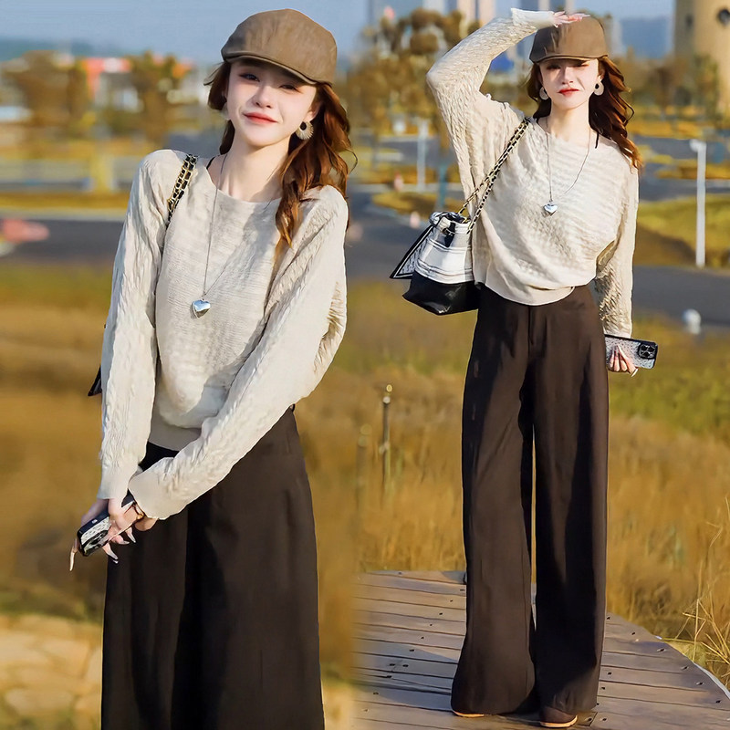 Fashionable Women's Suit 2026 Autumn New Style Lazy Style Loose Slimming Knitted Sweater Wide-Leg Pants Elegant Two-Piece Set
