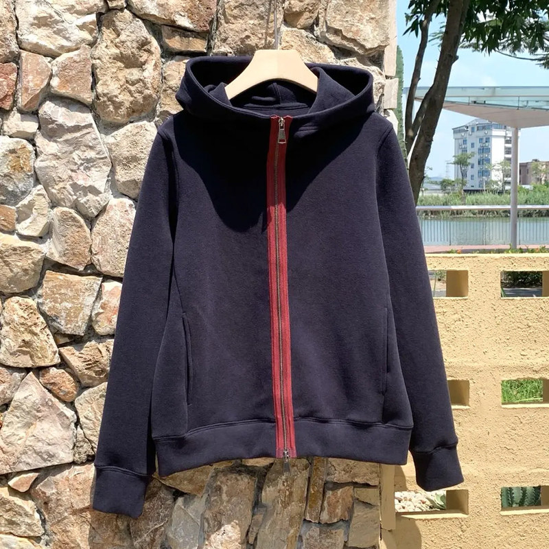 Loose-Fitting Regular Thickness Casual Style Hooded Sweatshirt for Women, Autumn Loose Zipper Cardigan, Navy Blue Long-Sleeve Jacket
