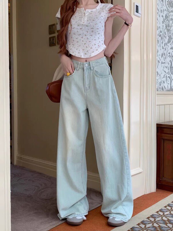 Petite Women's Light-Colored Wide-Leg Jeans, American-Style Washed High-Waisted Loose Casual Design Straight-Leg Floor-Length Pants Petite Women's Light-Colored Wide-Leg Jeans, American-Style Washed High-Waisted Loose Casual Design Straight-Leg Floor-Length Pants