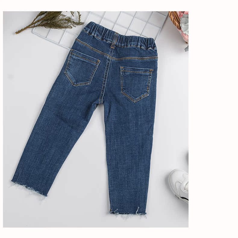 Cô gái jeans 2018 mùa hè mới của Hàn Quốc phiên bản của denim cotton lỗ trong trẻ em lớn stretch Slim hoang dã cắt quần