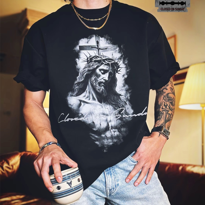 Close Sunday Same Style Blade Line Print Crucifixion Day Short Sleeve T-Shirt Heavyweight Pure Cotton Trendy National Style Street Half Sleeve