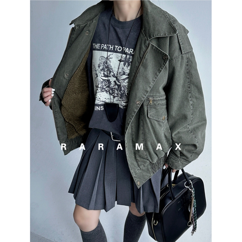 Raramax Retro Bomber 80S Air Force Flight Jacket Lamb Wool Cotton Padded Oversized Washed Short Coat for Women