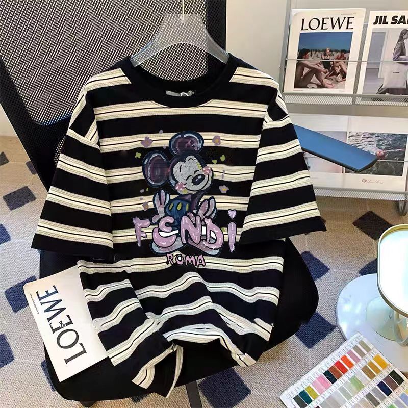 Plus Size 150kg Korean Retro Stripesd Short-Sleeved T-Shirt for Men and Women Summer Mickey Mouse Print T-Shirt Top Clothes