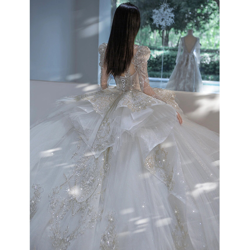 Французское свадебное платье с длинными рукавами bride 2024, новая высококачественная текстура, тяжелая промышленность, большой хвост, маленький человек, основная пряжа Qi Di
