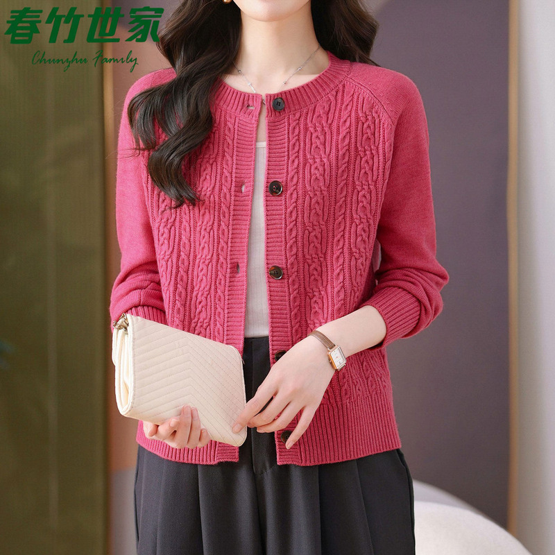 Chunzhu Shijia Cable Knit Wool Cardigan Women's New Spring and Autumn Round Neck Sweater Coat Fashionable Cashmere Top Chunzhu Shijia Cable Knit Wool Cardigan Women's New Spring and Autumn Round Neck Sweater Coat Fashionable Cashmere Top