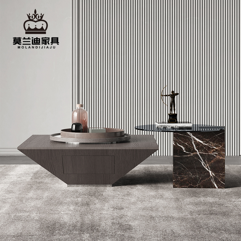 Italian Minimalist Designer Marble Turntable Glass Smoked Color Tea Table Combined Living-room Light Lavish Home Tea Table