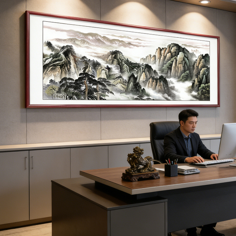 A Painting of a Mountain Without Water, a Mountain Range as a Backdrop, Sunrise on Taishan, Office Calligraphy and Painting, Landscape Scenery Painting, Living Room Background Decorative Painting