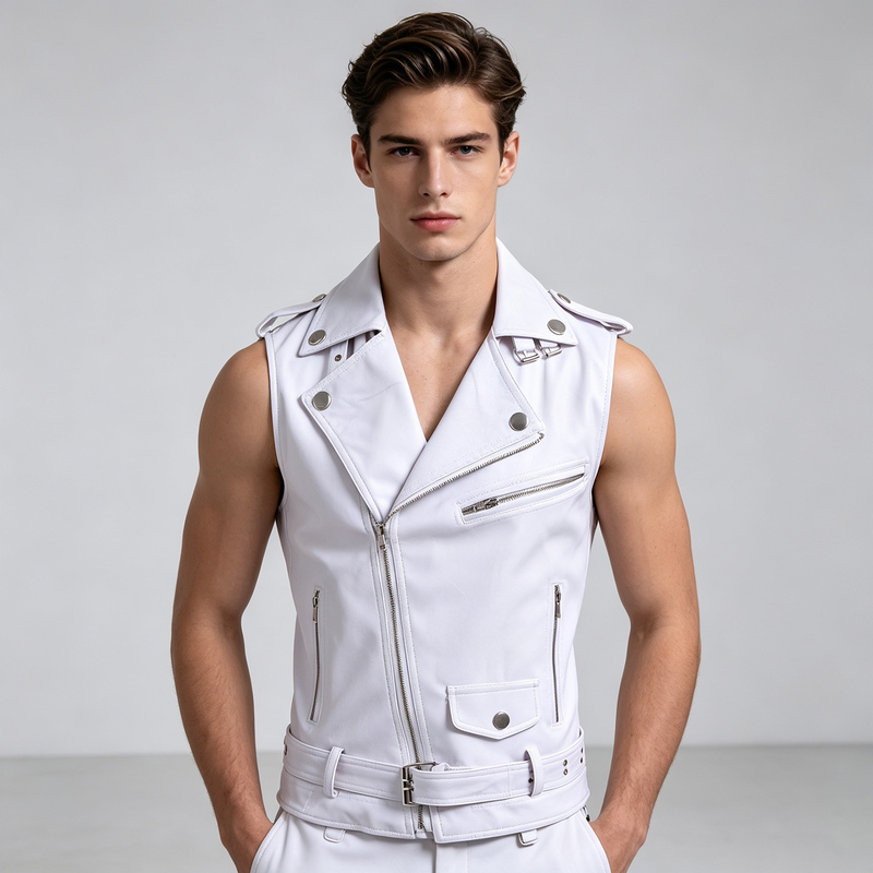 White Side-Zip Sleeveless Vest for Muscular Men, Slim Fit, Multi-Zip Short Style, Street Dance Breakdance Performance Leather Jacket