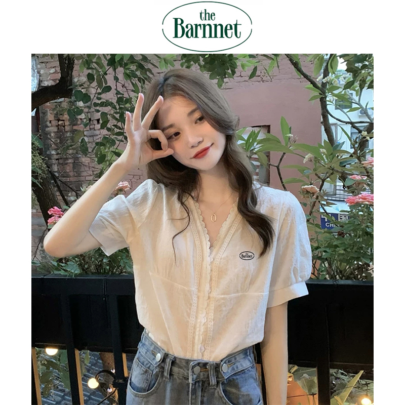 [Official Authentic Product] Korean the Barnnet French Lace V-Neck Puff Short Sleeve Shirt Top for Women