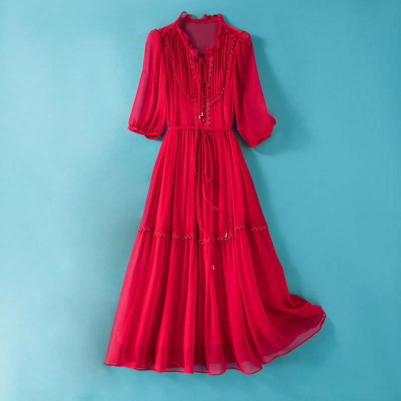 Heavyweight Red Silk Dress That Enhances Complexion, Women's Summer New High-End Luxury Designer Slimming Silk Dress